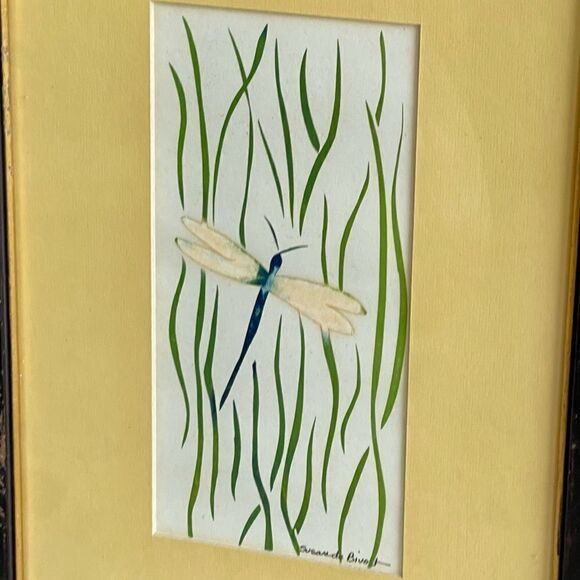 Vintage Artist Signed Watercolor Dragonfly Dandelion Flower Matted Framed Art - Picture 8 of 16